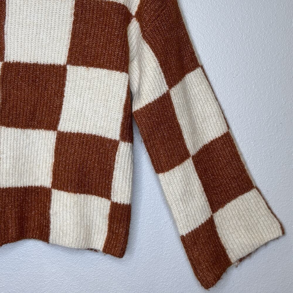 Pink Lily Crewneck Oversized Sweater Sz Small Cream Rust Check Long Bell Sleeve - Picture 3 of 8